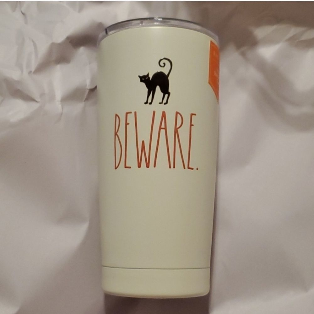 NEW RAE DUNN BLACK CAT BEWARE HALLOWEEN CREAN NEUTRAL INSULATED TUMBLER NWT
